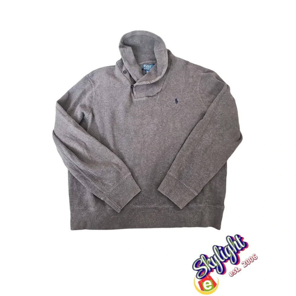 Polo Ralph Lauren Mens Gray Vintage Cotton Pullover Sweater Shawl Collar Size XL